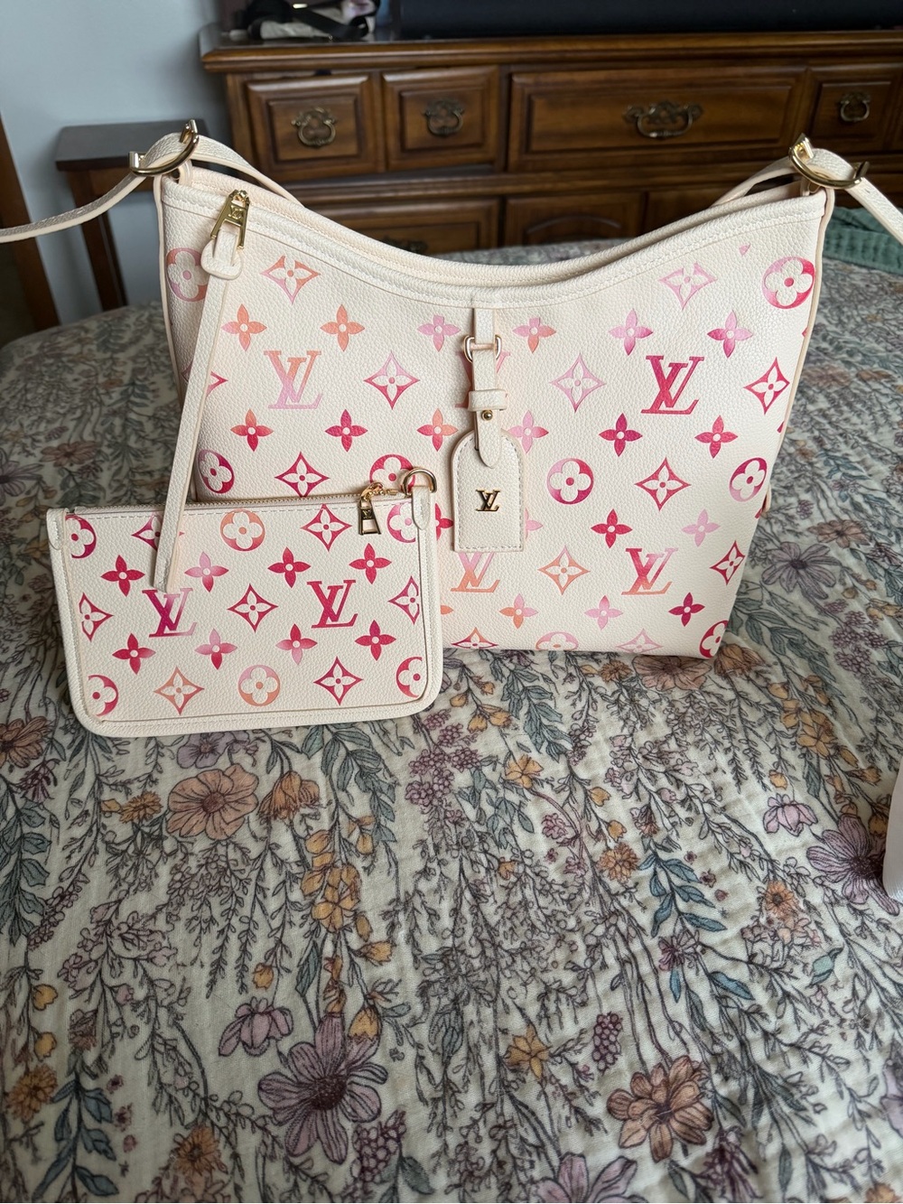 Luxury Cream Shoulder Bag with Pink Monogram Print and Matching Pouch